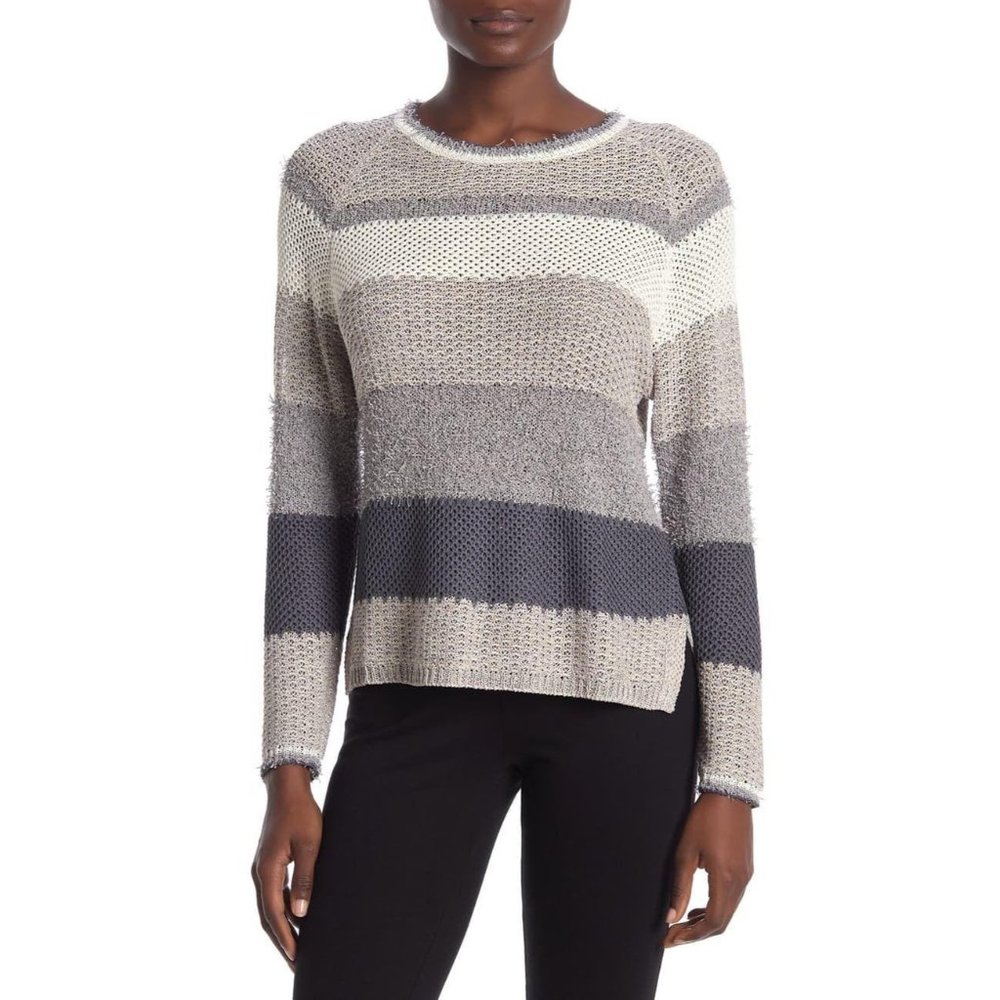 CENY open knit striped sweater size large‎ NWT gray